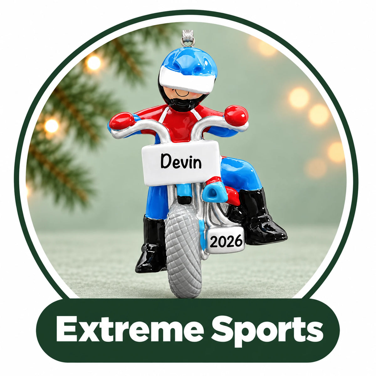 Personalized extreme sports Christmas ornament: dirt bike rider in a helmet with custom name plate and year