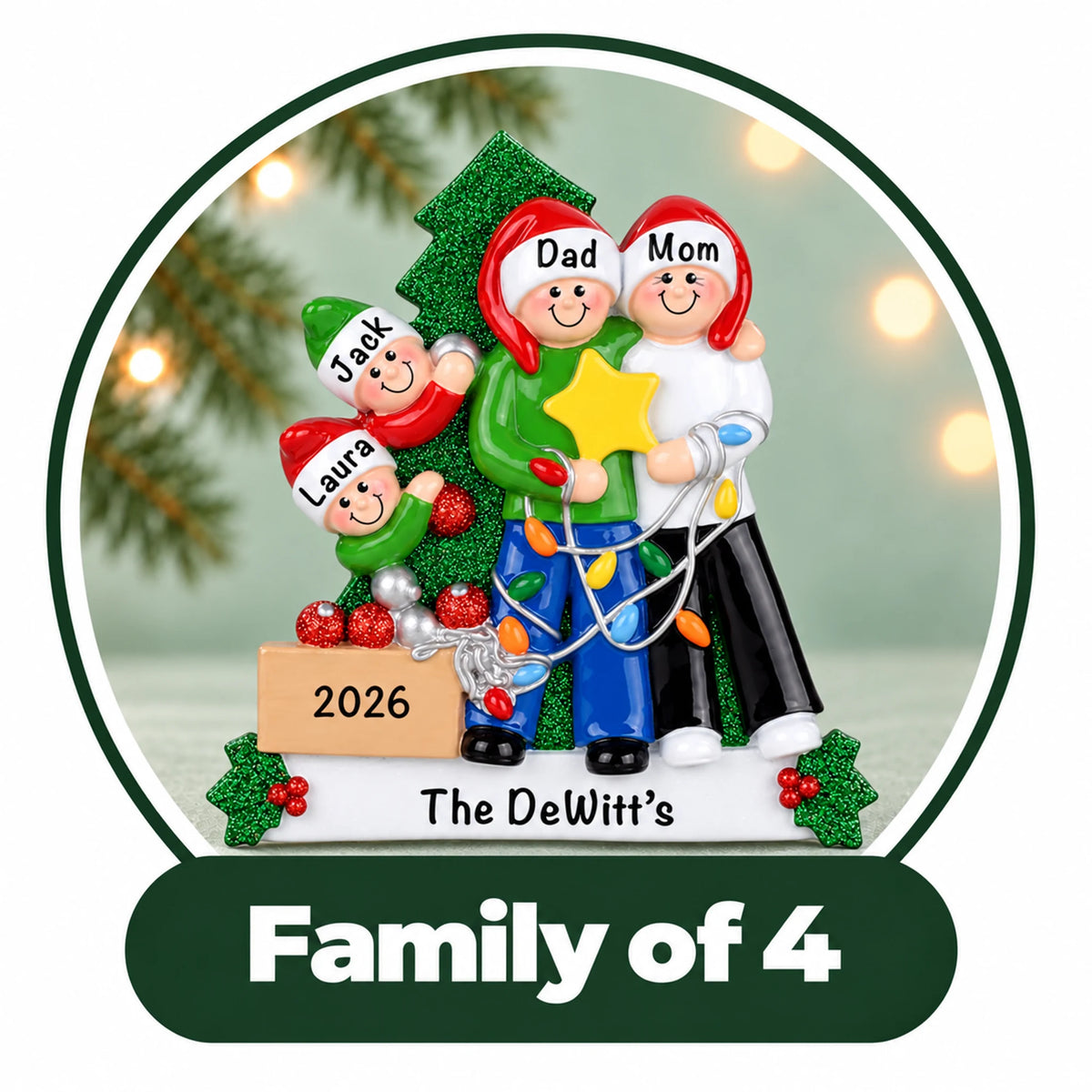 Personalized family of 4 Christmas ornament: family in Santa hats decorating a tree, with four names and family name