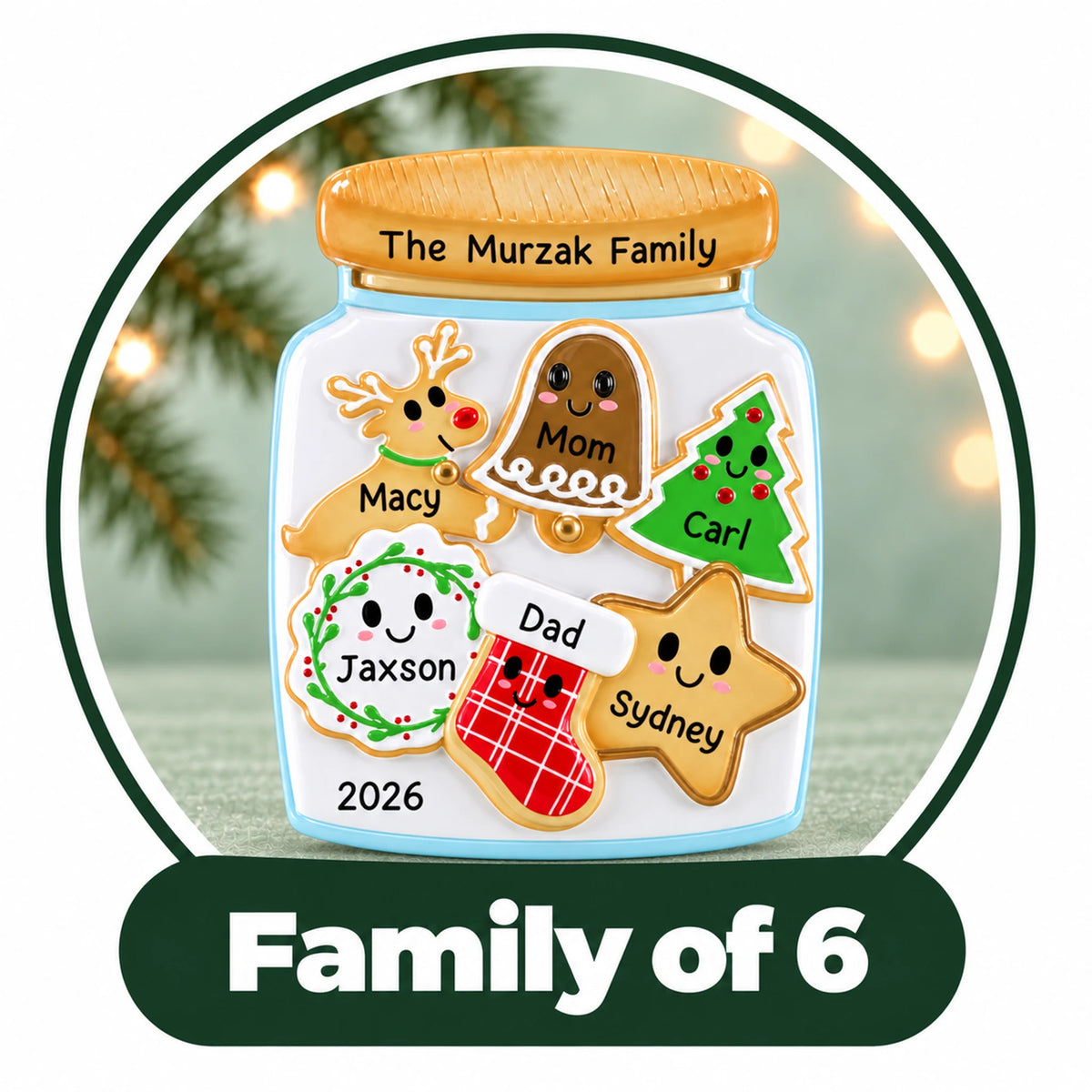 Personalized family of 6 Christmas ornament: cookie jar of six gingerbread cookies, each with a name, plus family name