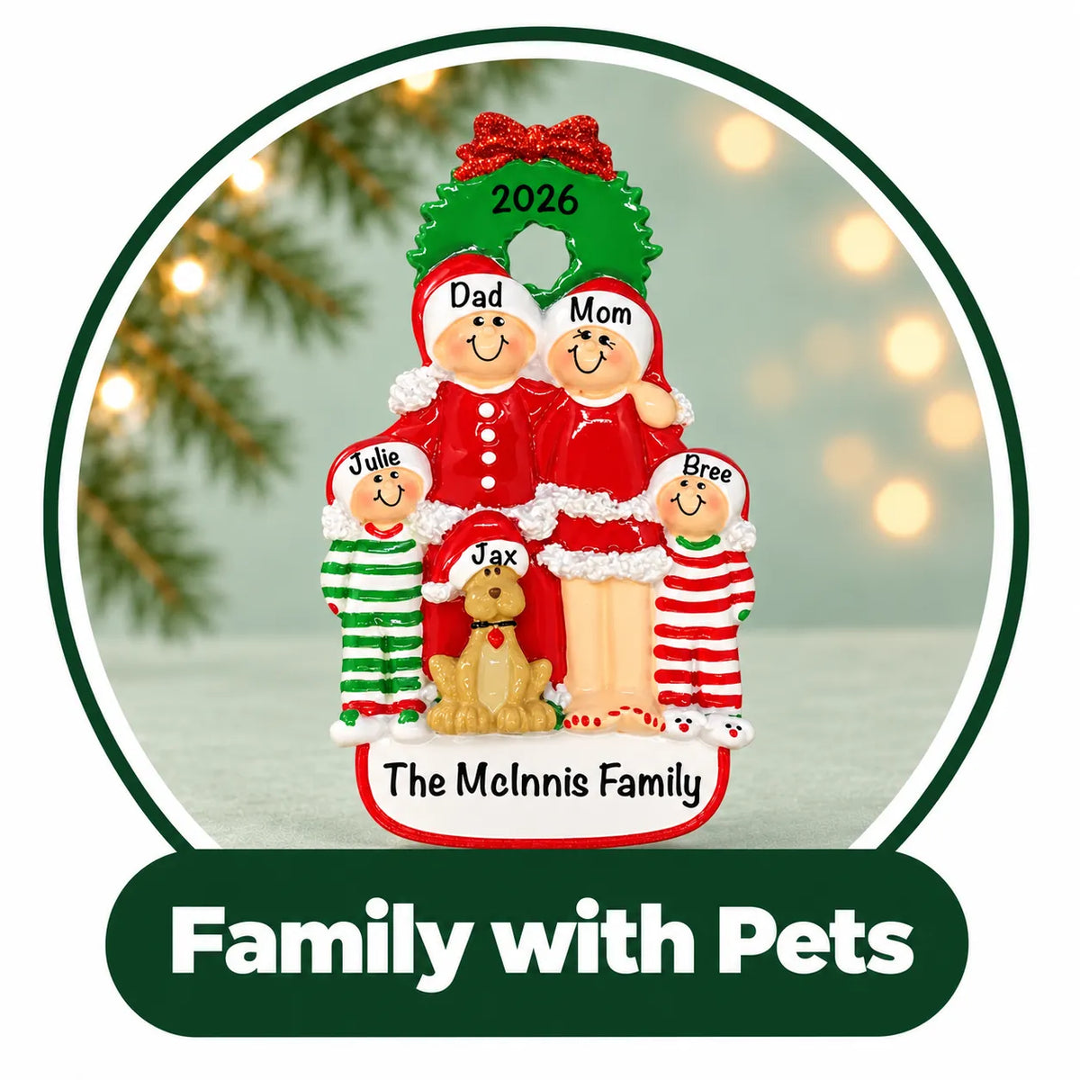 Personalized family with pets Christmas ornament: family in red pajamas with their dog, each name, year and family name
