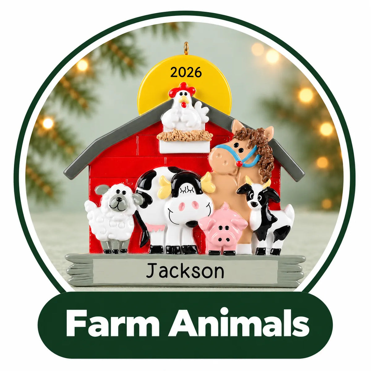 Personalized farm animal Christmas ornament: red barn with a cow, sheep, pig, horse and chicken, custom name and year