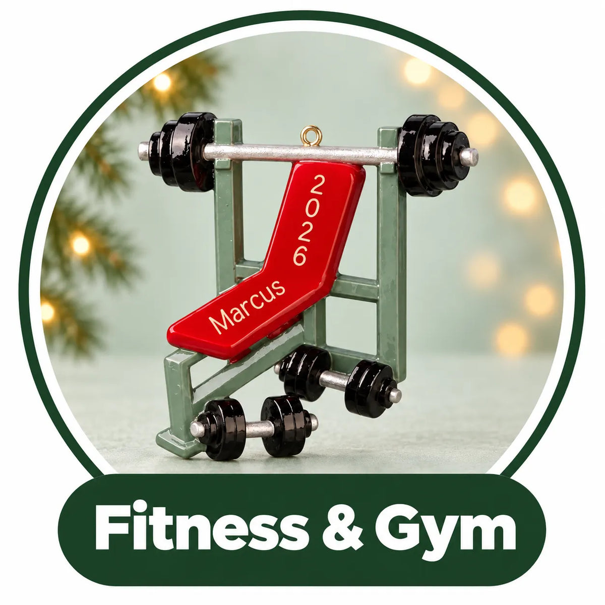 Personalized fitness and gym Christmas ornament: weight bench with a barbell and dumbbells, custom name and year
