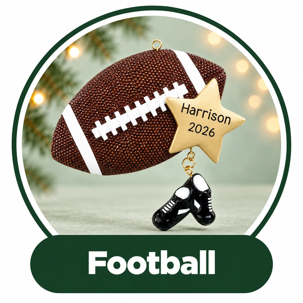 Personalized football Christmas ornament: football with a gold name star and dangling cleats, custom name and year