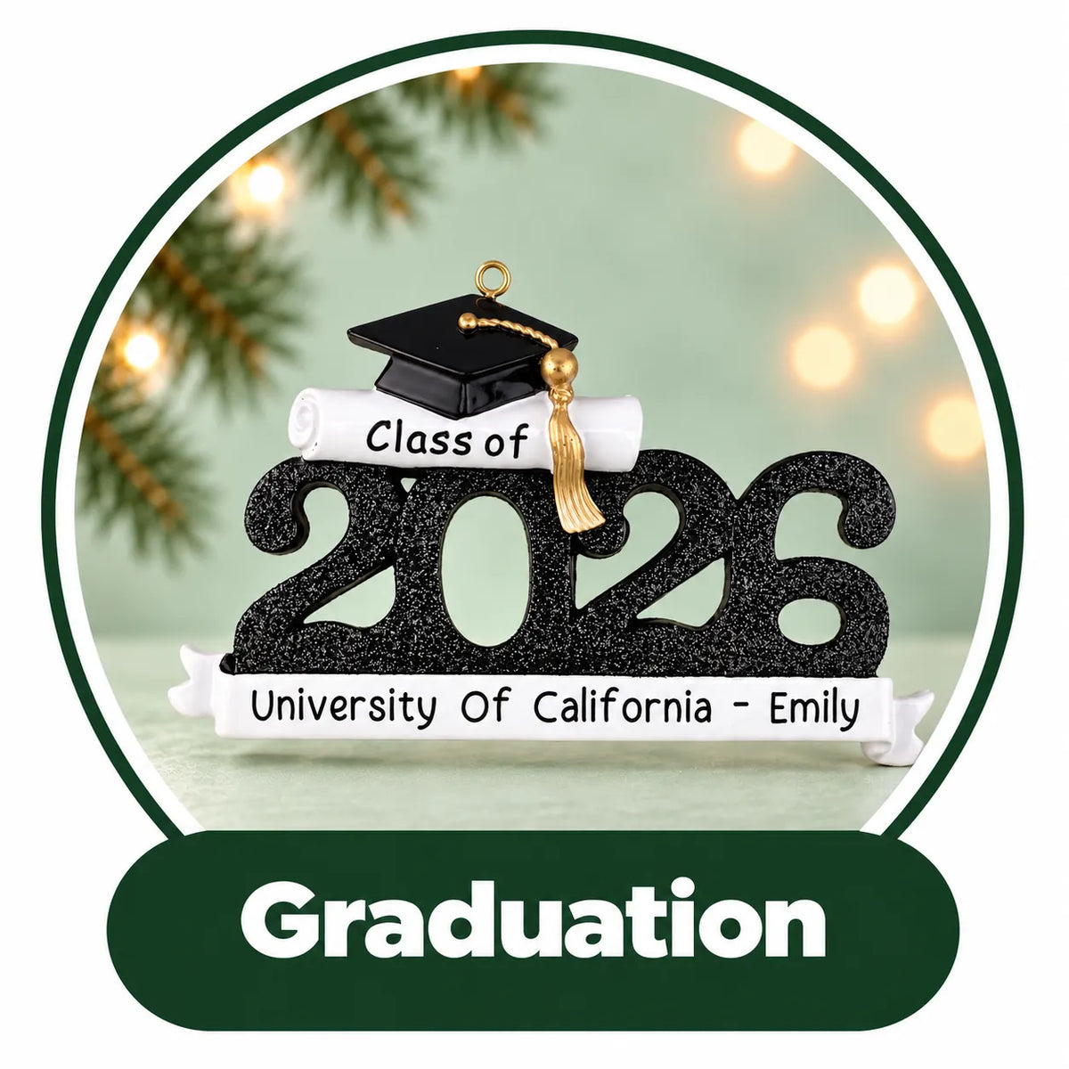 Personalized graduation Christmas ornament: glitter Class of 2026 with a grad cap and diploma, school and grad name