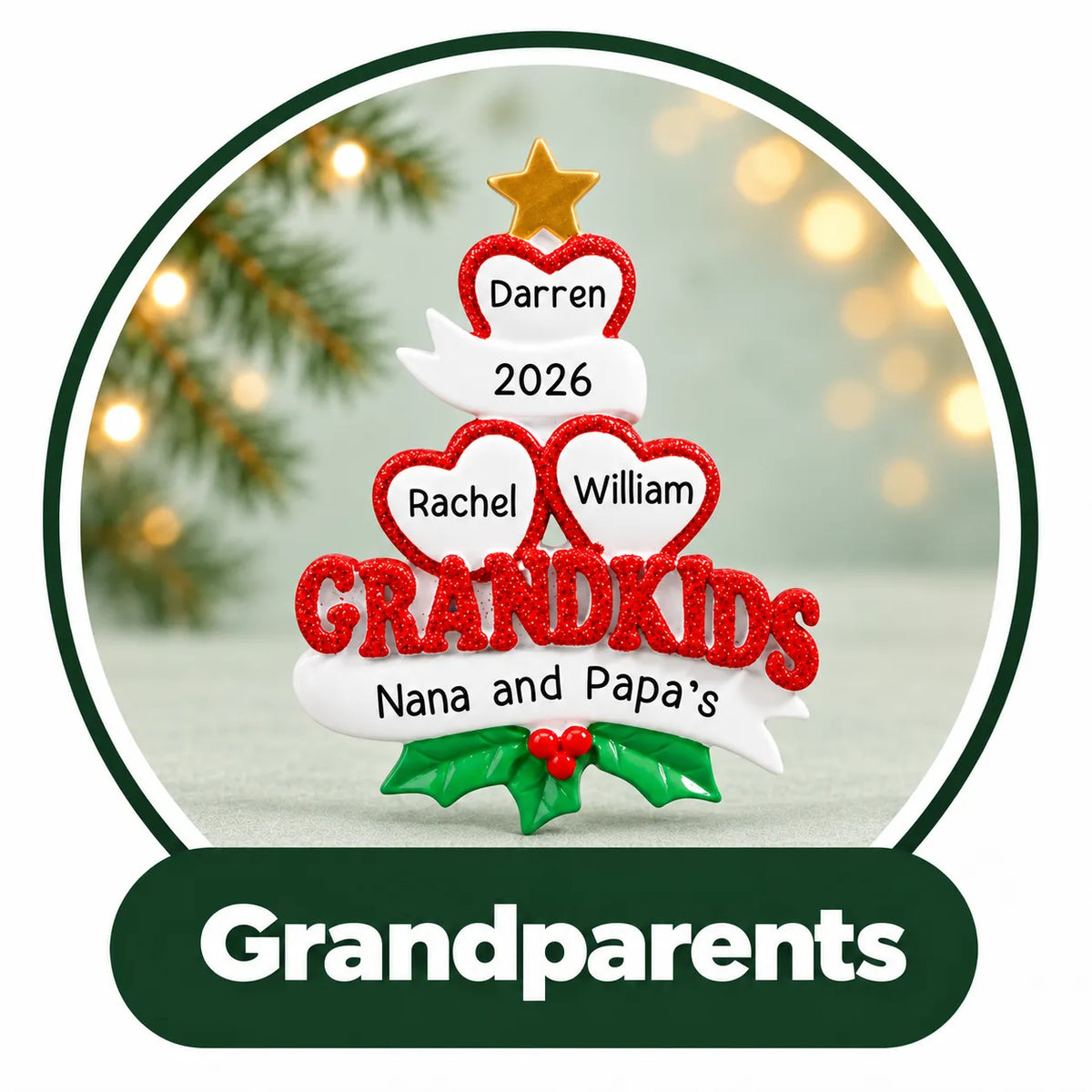 Personalized grandparent Christmas ornament: Grandkids heart tree with each grandchild's name for Nana and Papa