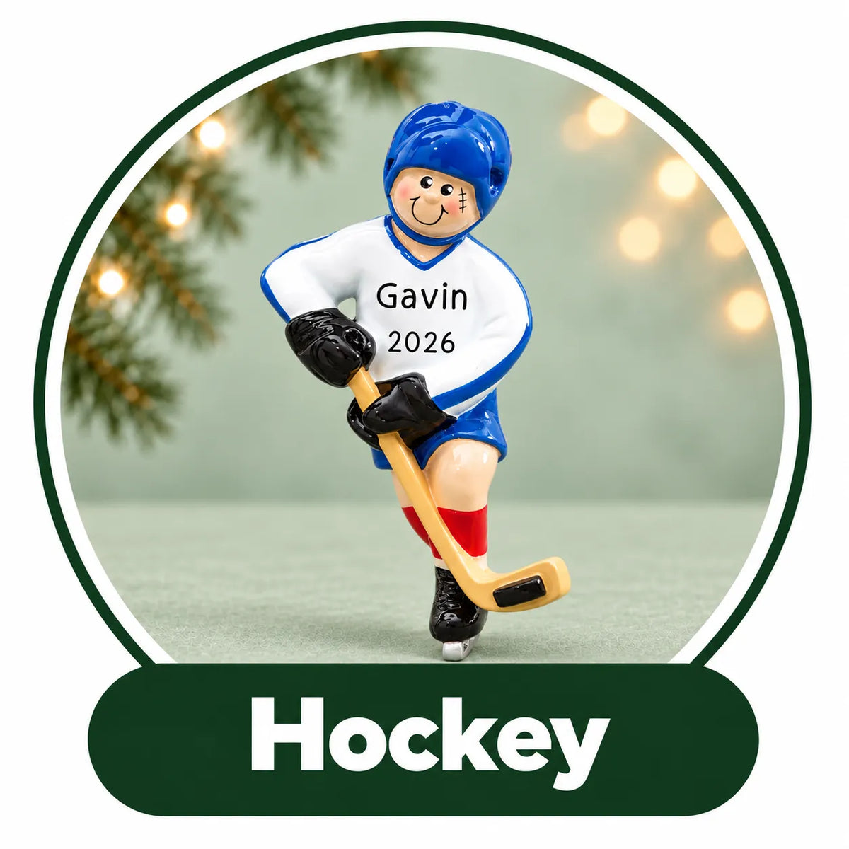 Personalized hockey Christmas ornament: player in a blue helmet with stick and skates, custom name and year