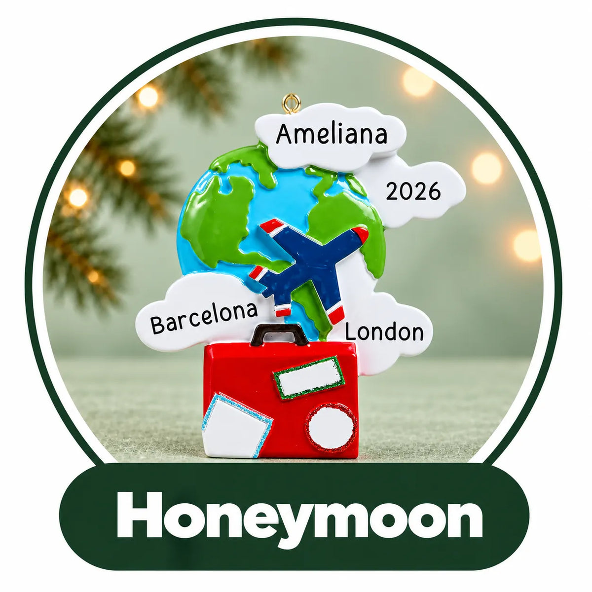 Personalized honeymoon Christmas ornament: globe, plane and red suitcase with clouds for names, destinations and year