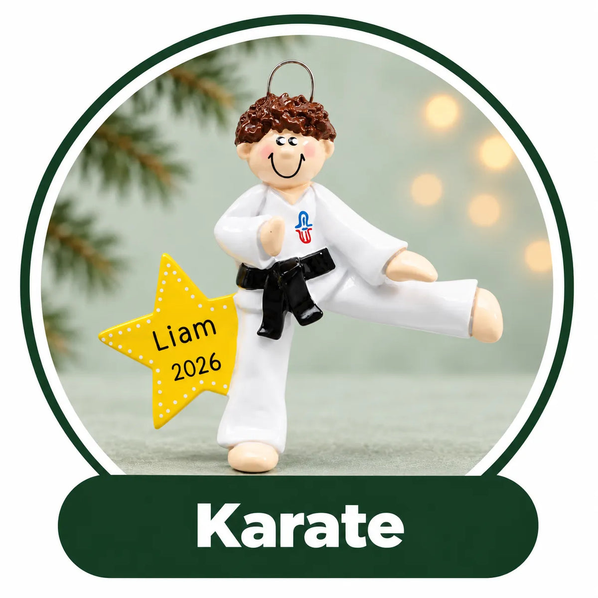 Personalized karate Christmas ornament: black belt kicking in a white gi beside a gold star with name and year