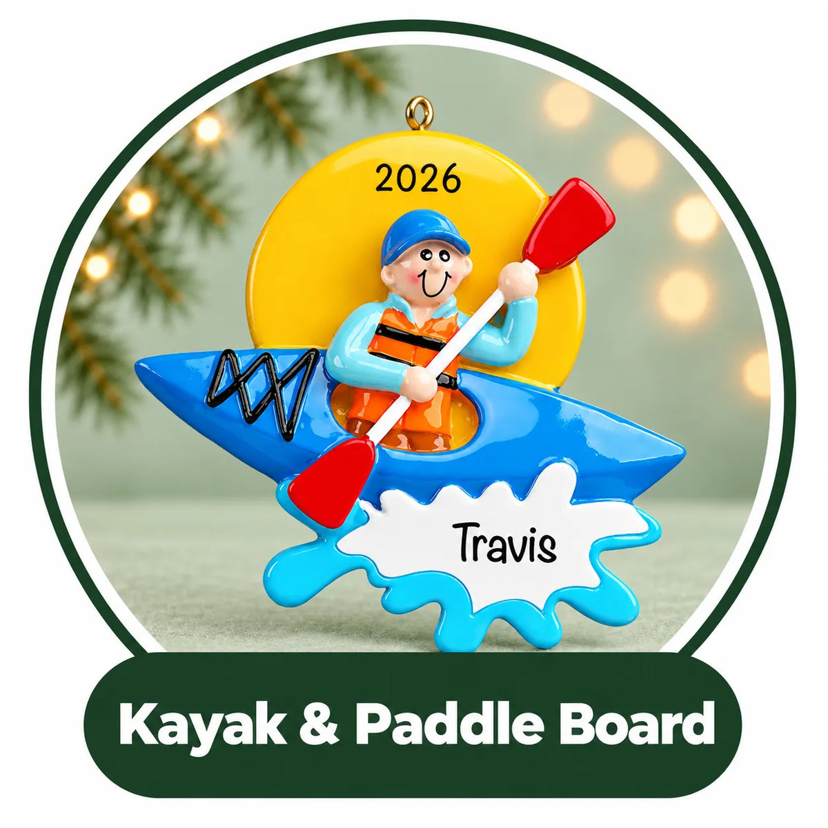 Personalized kayak and paddle board Christmas ornament: paddler in a blue kayak on a splash, custom name and year