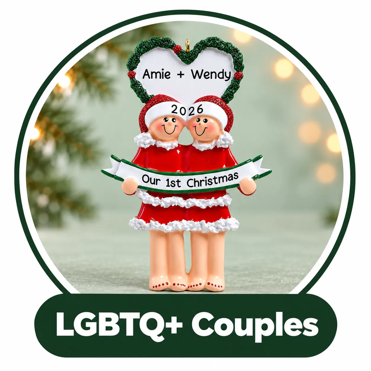 Personalized LGBTQ couple Christmas ornament: two women in Santa outfits under a wreath heart with names and year