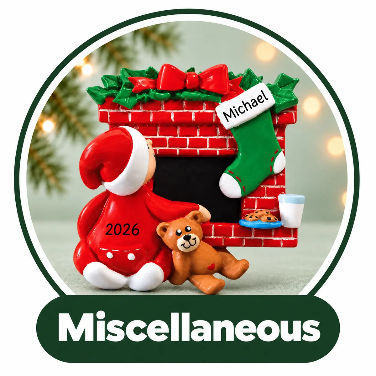 Personalized Christmas ornament: Santa at a brick fireplace with a stocking, teddy bear and cookies, name and year
