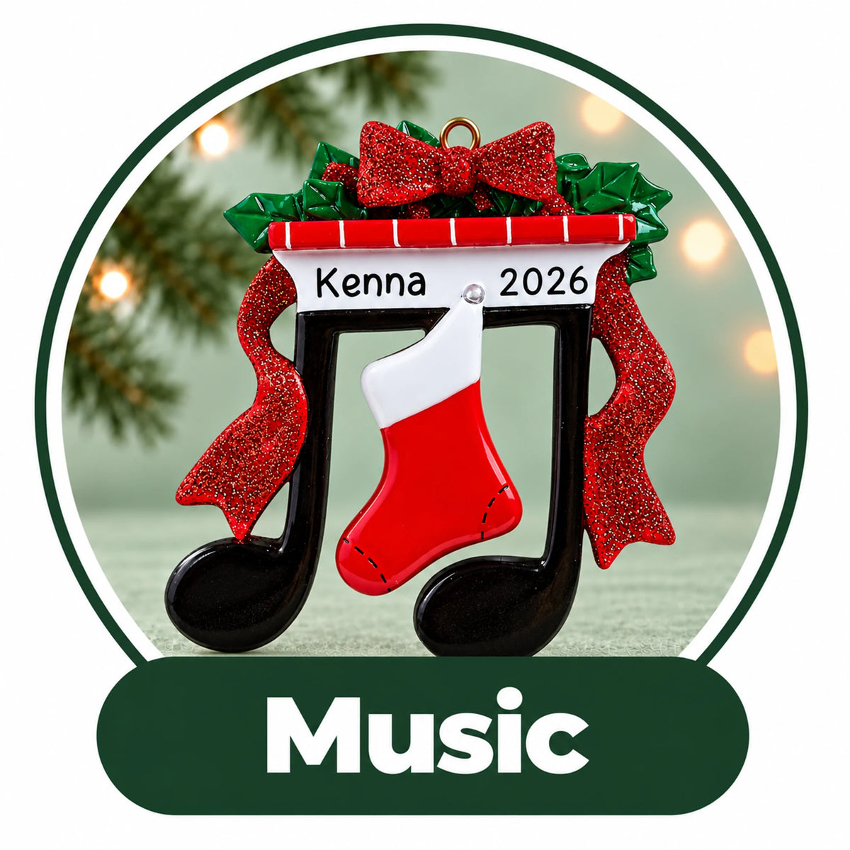 Personalized music Christmas ornament: black music note with a red stocking and glitter bow, custom name and year