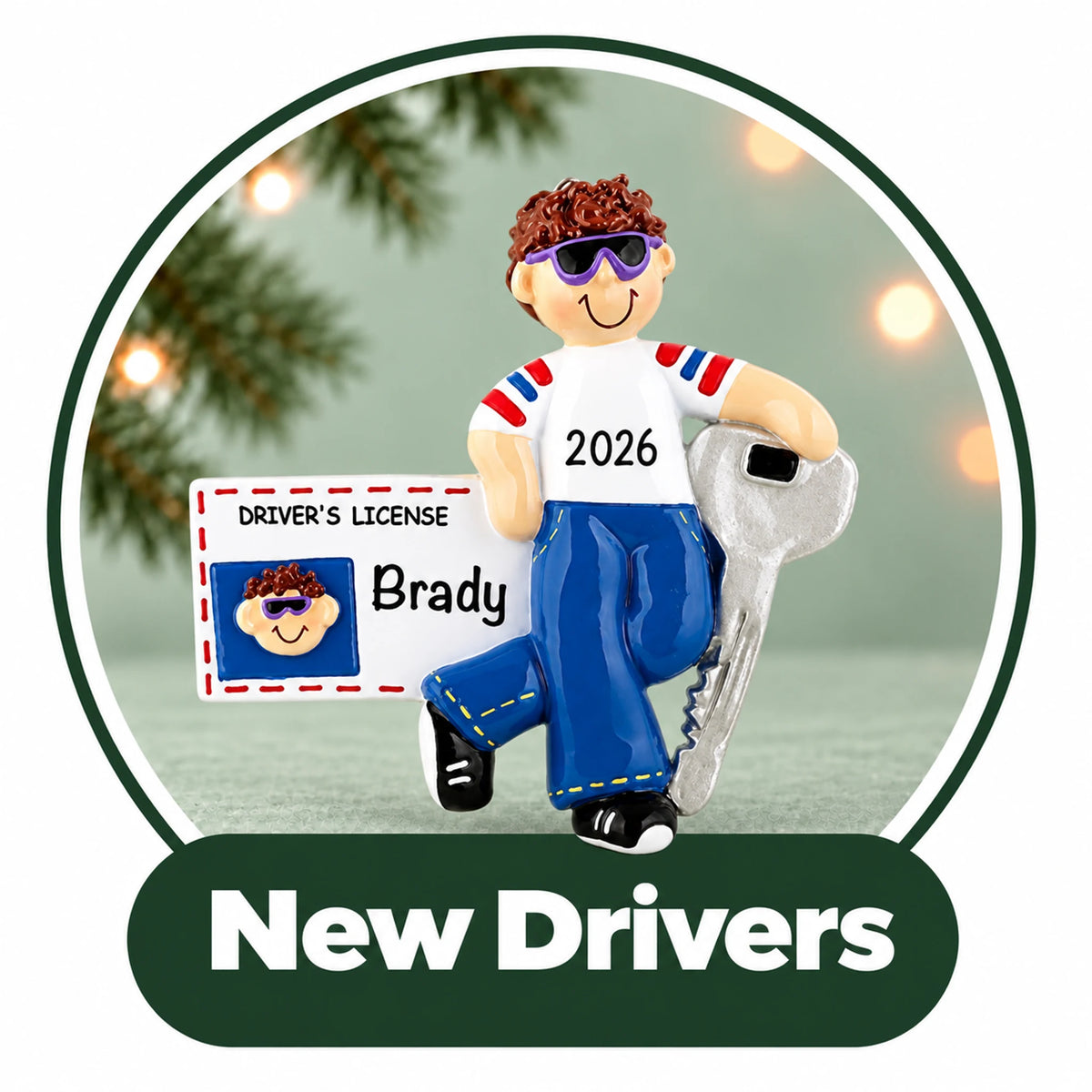Personalized new driver Christmas ornament: teen leaning on a giant car key next to a driver's license with name