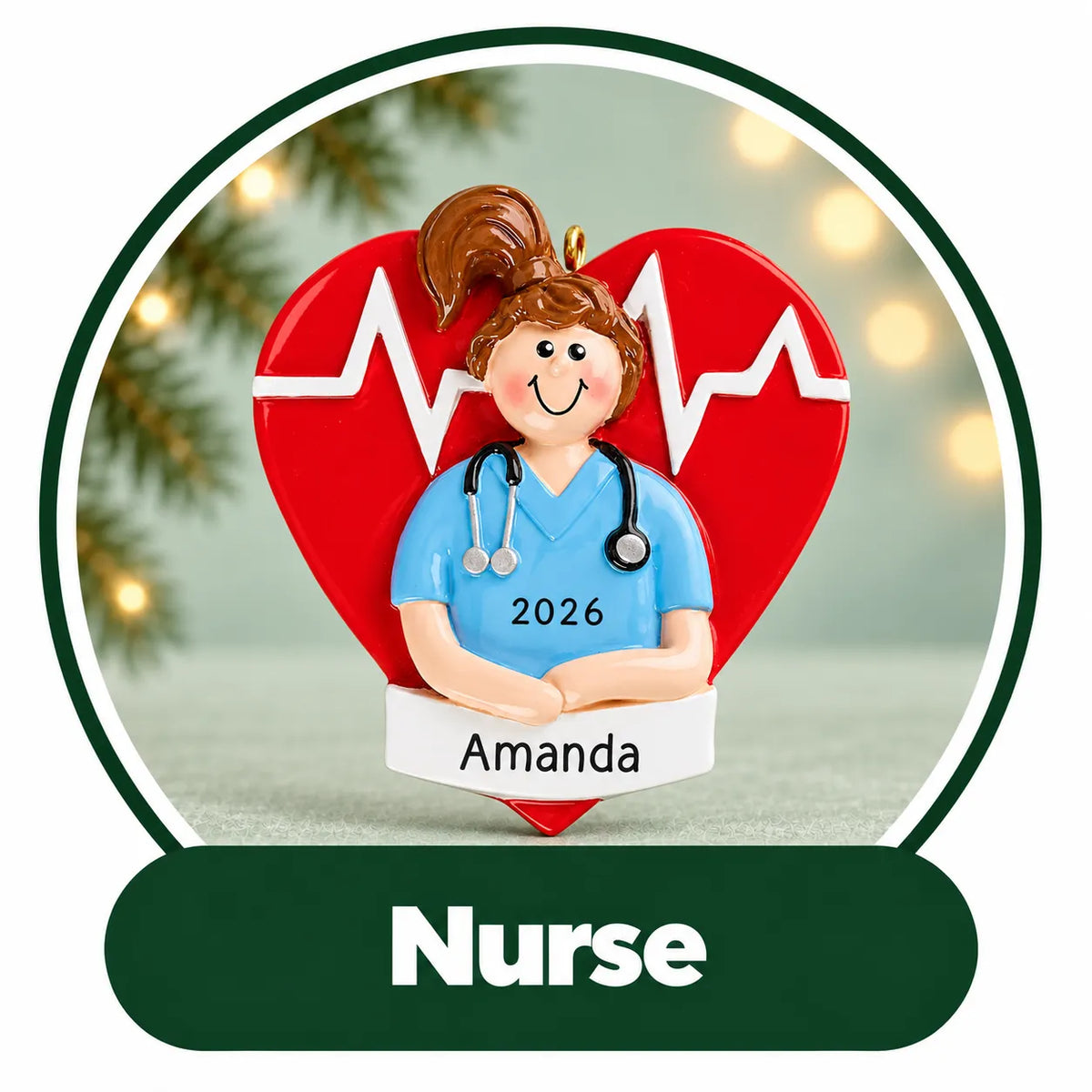 Personalized nurse Christmas ornament: nurse in blue scrubs with a stethoscope on a heartbeat heart, name and year