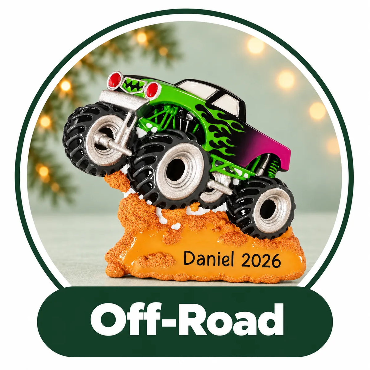Personalized off-road Christmas ornament: green monster truck climbing an orange rock with custom name and year