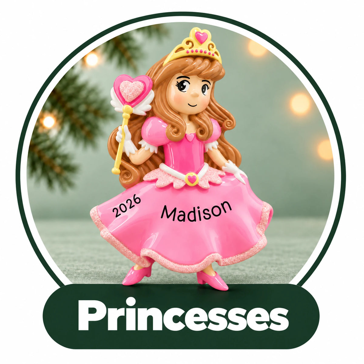 Personalized princess Christmas ornament: girl in a pink gown with tiara and heart wand, custom name and year