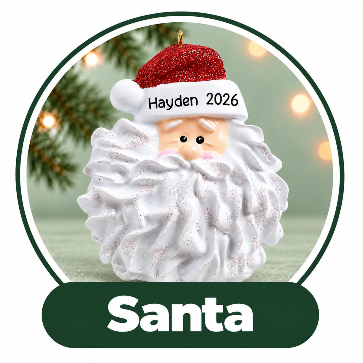 Personalized Santa Christmas ornament: Santa face with a fluffy white beard and glitter hat, custom name and year