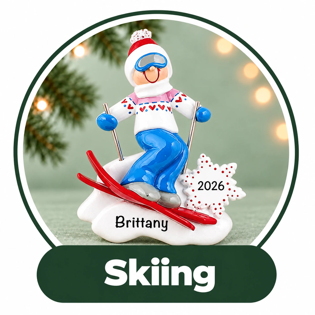 Personalized ski Christmas ornament: skier in goggles and a holiday sweater on red skis, custom name and year