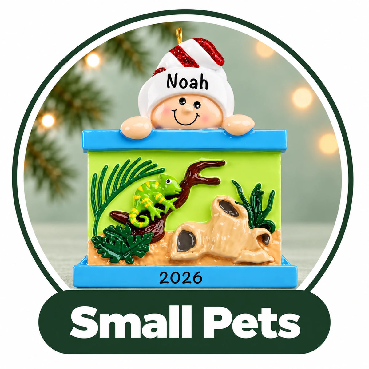 Personalized small pet Christmas ornament: child peeking over a lizard terrarium, custom name and year