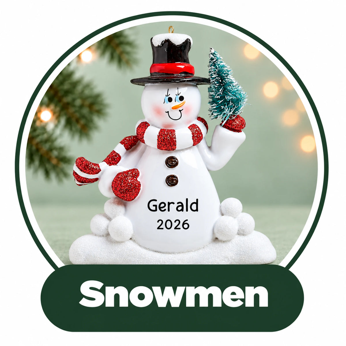 Personalized snowman Christmas ornament: snowman in a top hat and red scarf holding a little tree, custom name and year