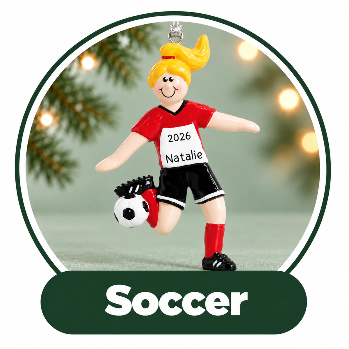 Personalized soccer Christmas ornament: girl soccer player in a red jersey kicking a ball, custom name and year