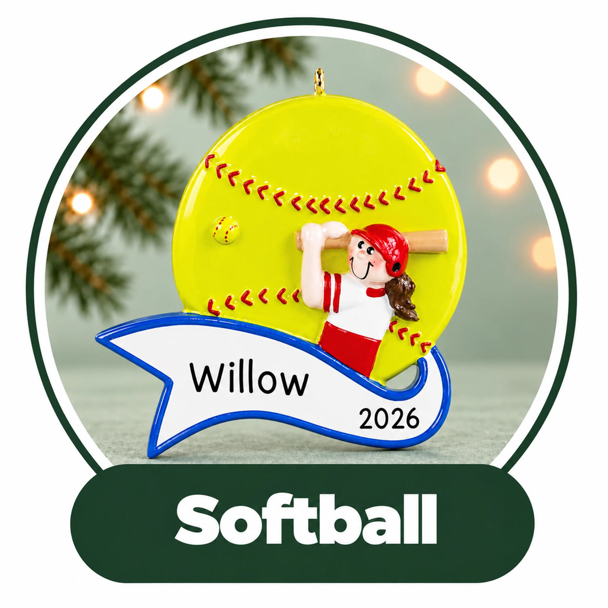 Personalized softball Christmas ornament: girl batter on a giant yellow softball with a custom name banner and year