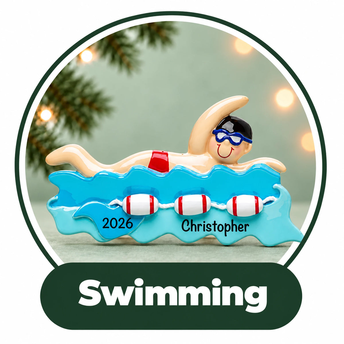 Personalized swimming Christmas ornament: swimmer in goggles gliding over blue waves and lane floats, name and year