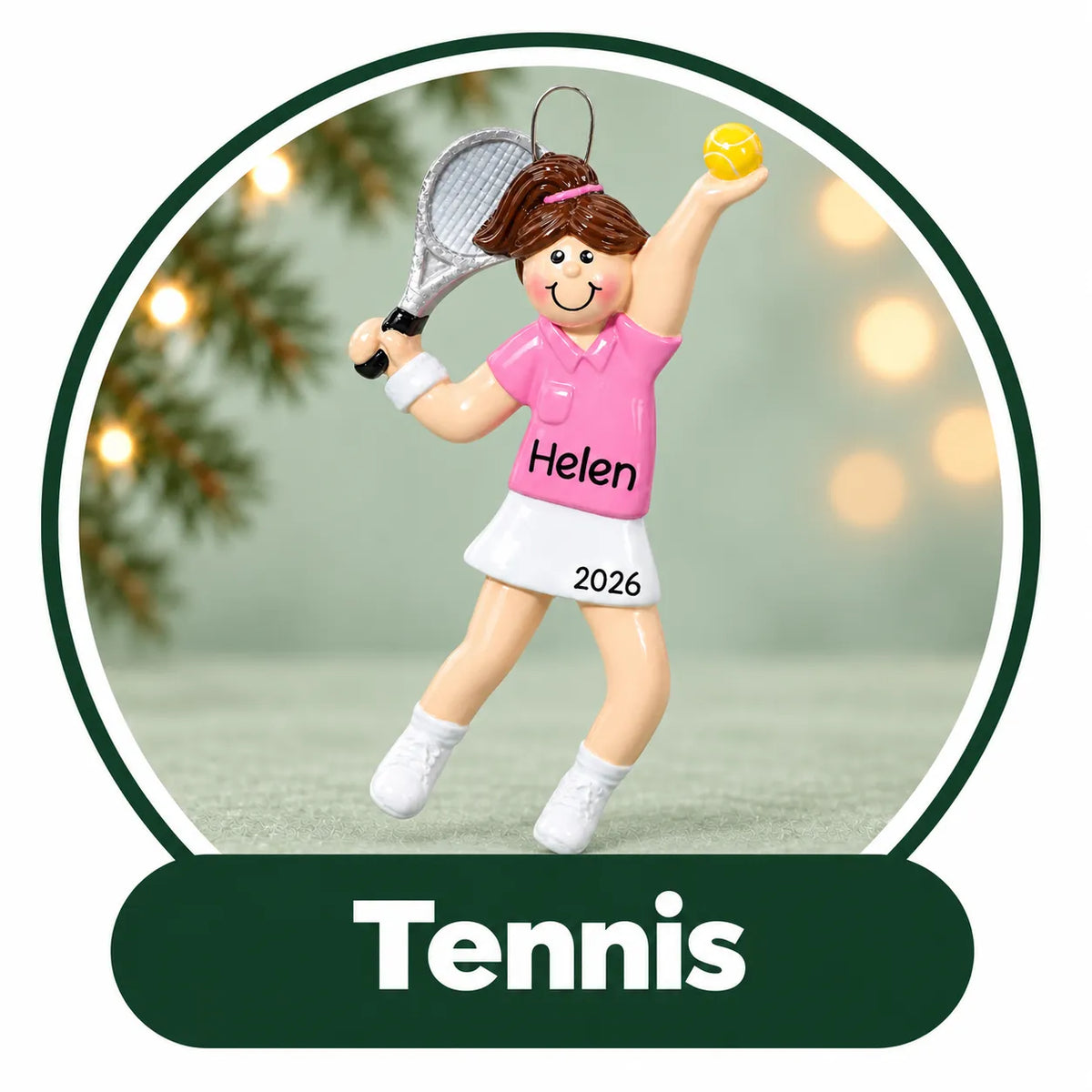 Personalized tennis Christmas ornament: player in pink serving with racket and ball, custom name and year