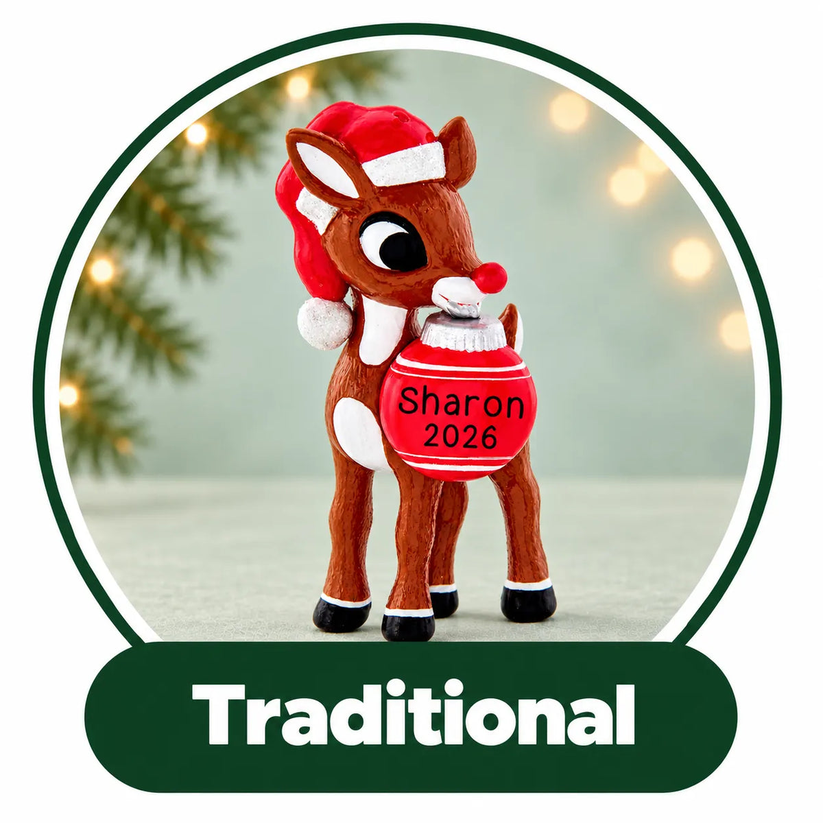 Personalized traditional Christmas ornament: reindeer in a Santa hat holding a red ball with custom name and year