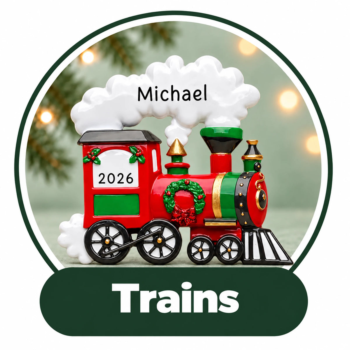Personalized train Christmas ornament: red steam locomotive with a holiday wreath and smoke cloud, custom name and year