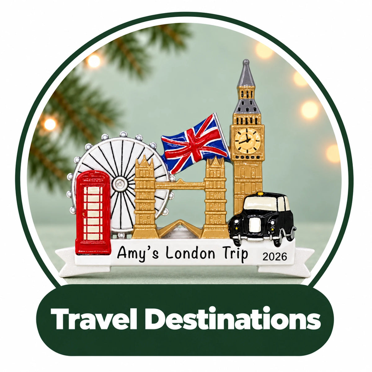 Personalized travel destination Christmas ornament: London landmarks with Big Ben and Tower Bridge, custom trip banner