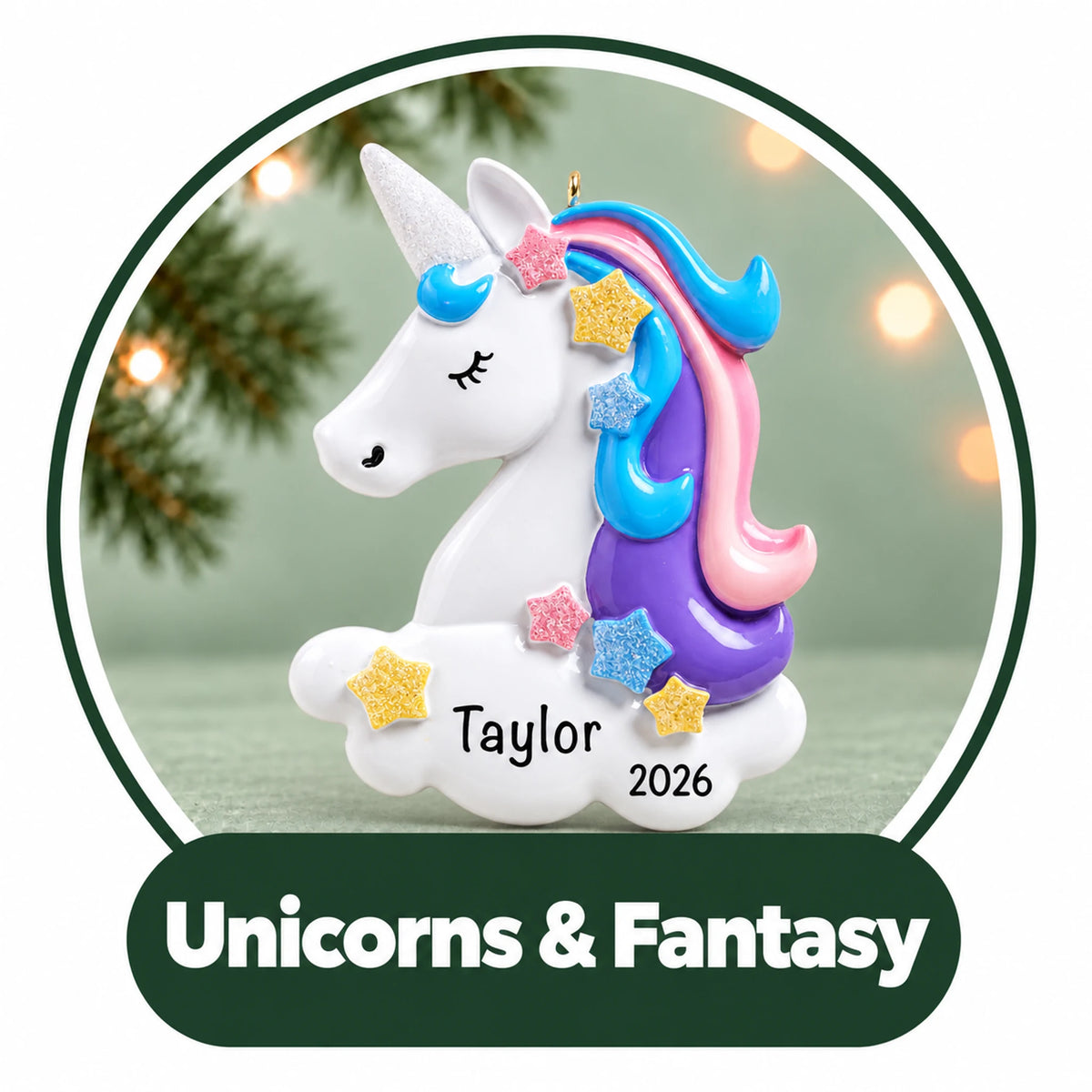Personalized unicorn Christmas ornament: white unicorn with a rainbow mane and glitter stars, custom name and year