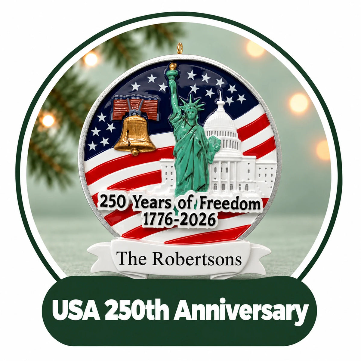 Personalized America 250 ornament: Liberty Bell, Statue of Liberty and US Capitol on a flag, 250 Years of Freedom