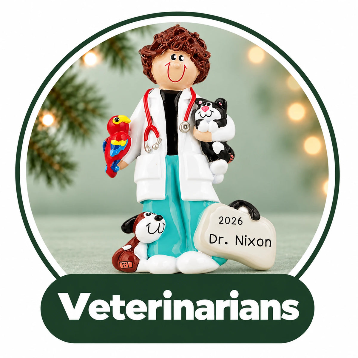 Personalized veterinarian Christmas ornament: vet in a white coat holding a cat, with a parrot, puppy, name and year