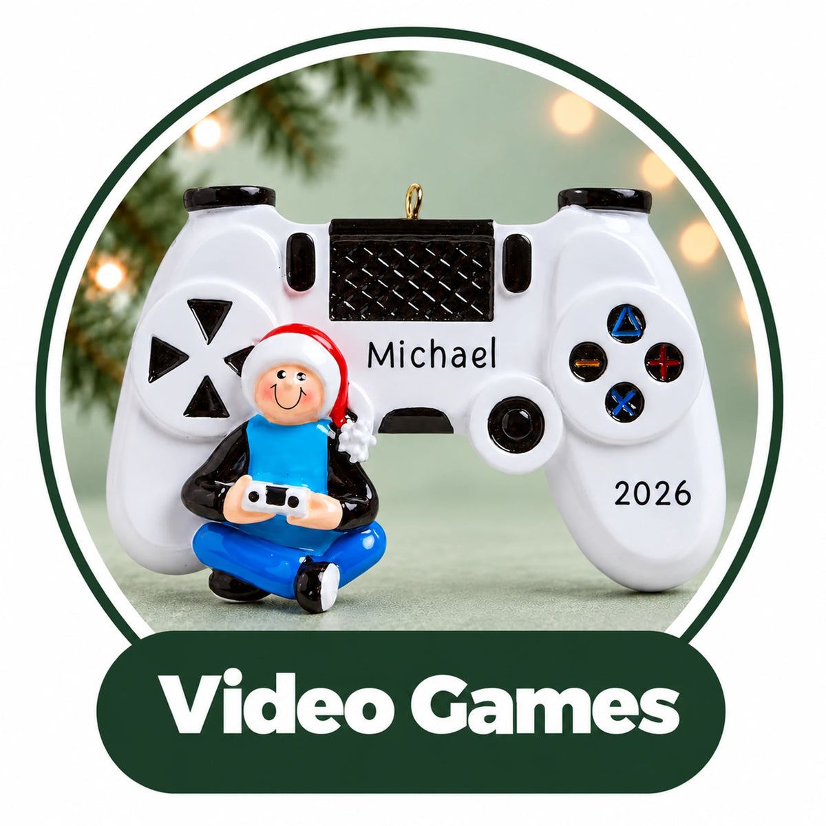 Personalized video game Christmas ornament: kid gaming in front of a big white controller, custom name and year