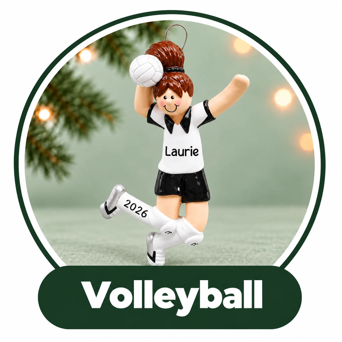 Personalized volleyball Christmas ornament: player leaping to spike the ball, custom name and year