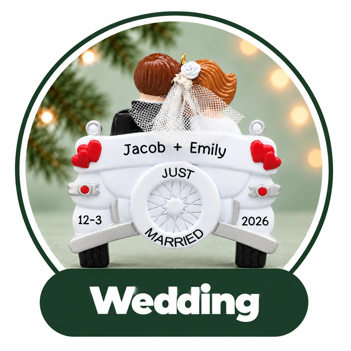 Personalized wedding Christmas ornament: bride and groom in a white Just Married car with names and wedding date
