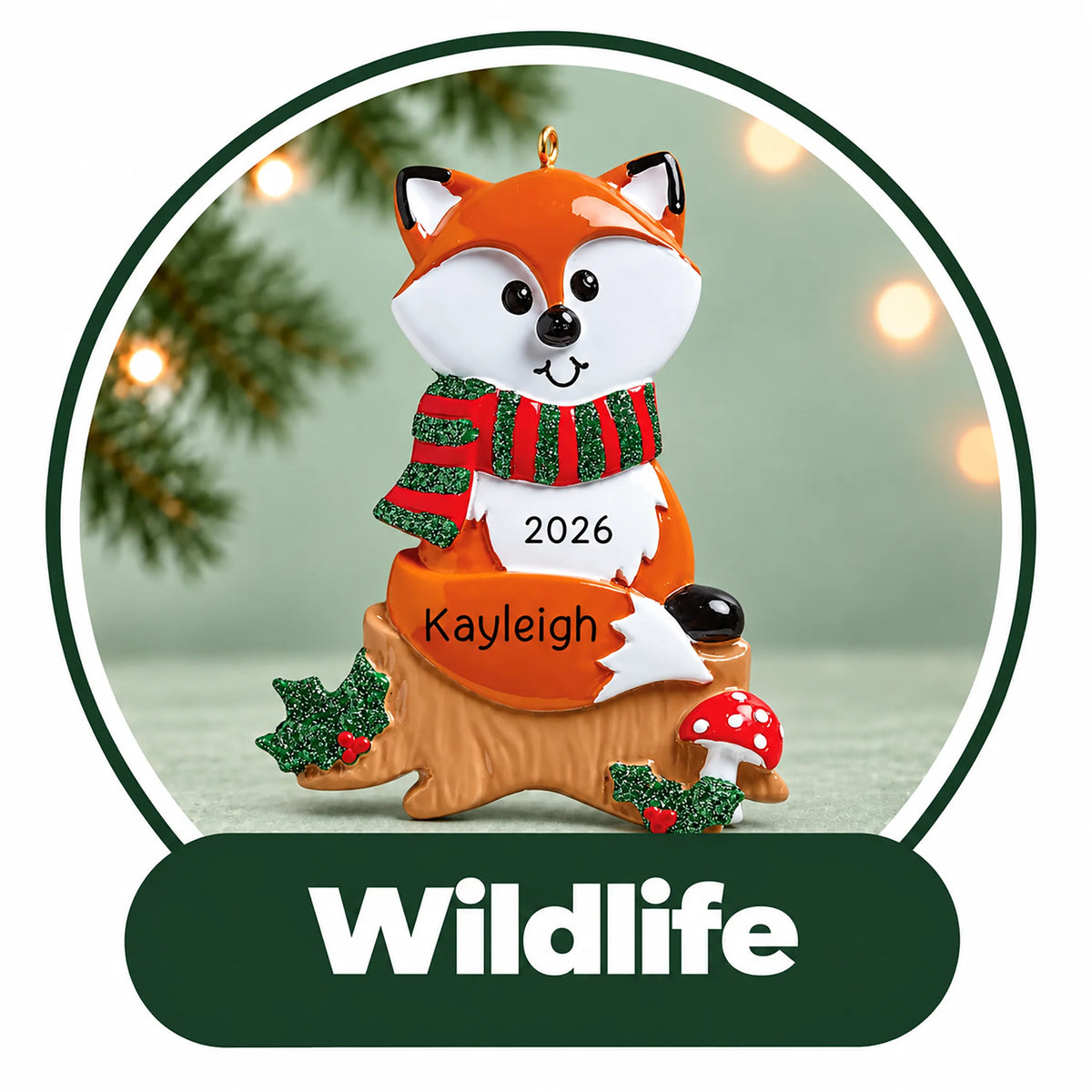 Personalized wildlife Christmas ornament: red fox in a holiday scarf on a tree stump, custom name and year