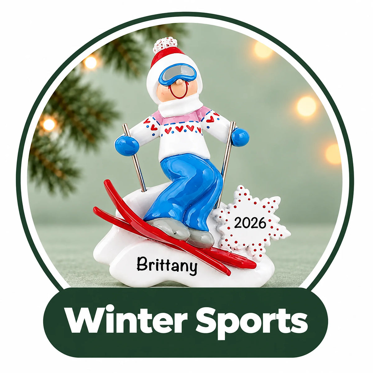 Personalized winter sports Christmas ornament: skier carving down a snowy hill with a snowflake, custom name and year