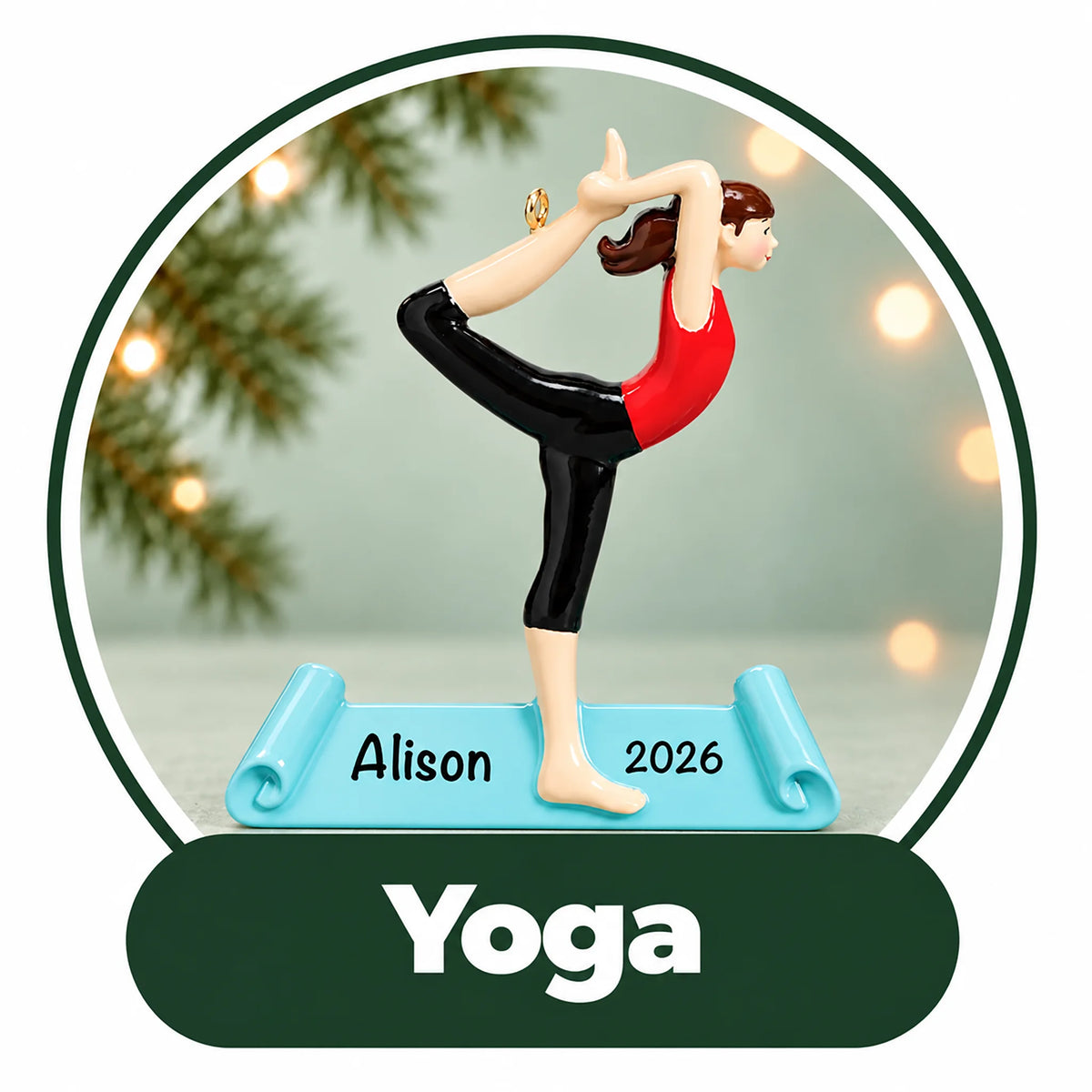 Personalized yoga Christmas ornament: woman in dancer's pose on a blue yoga mat with custom name and year