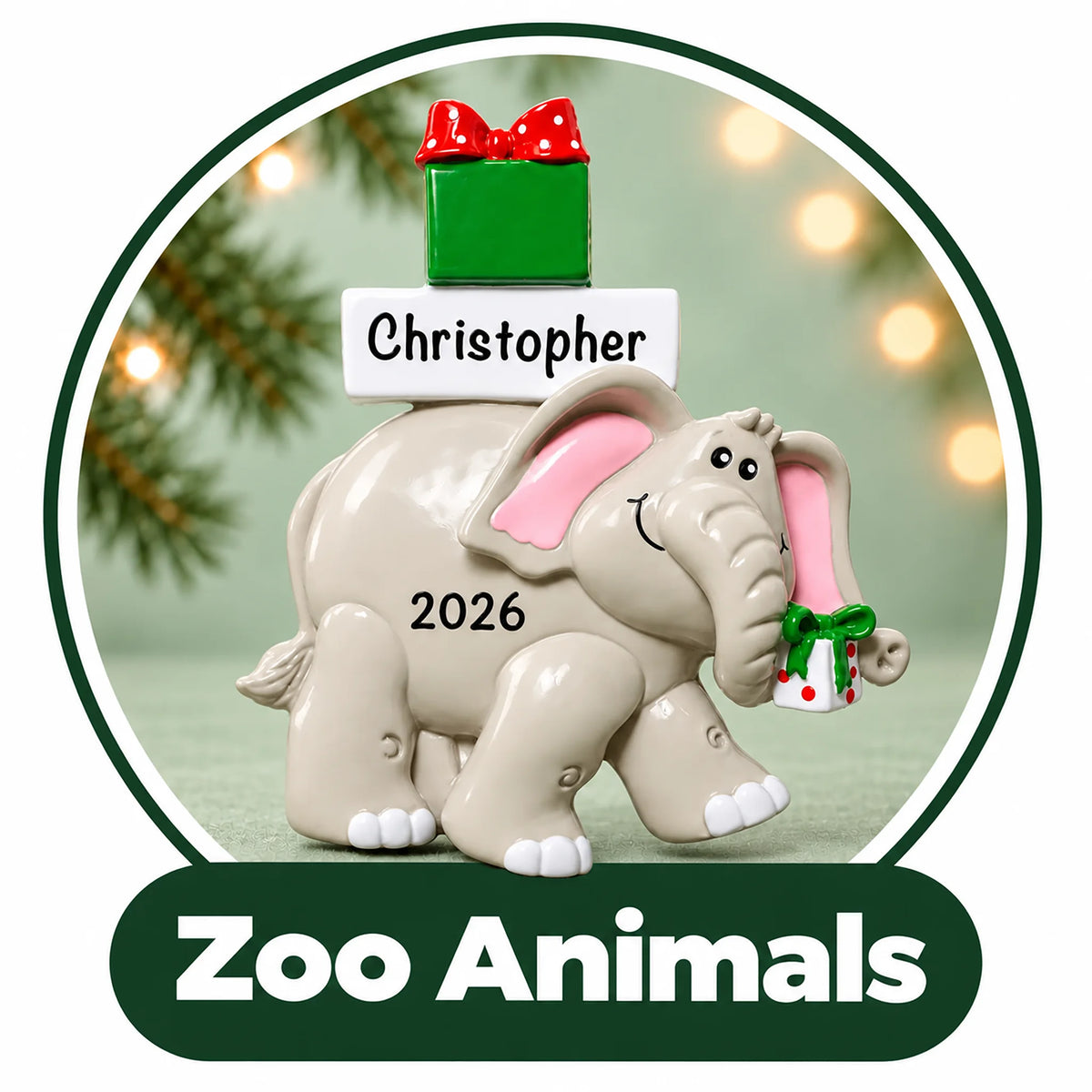 Personalized zoo animal Christmas ornament: elephant carrying a holiday gift, with custom name and year