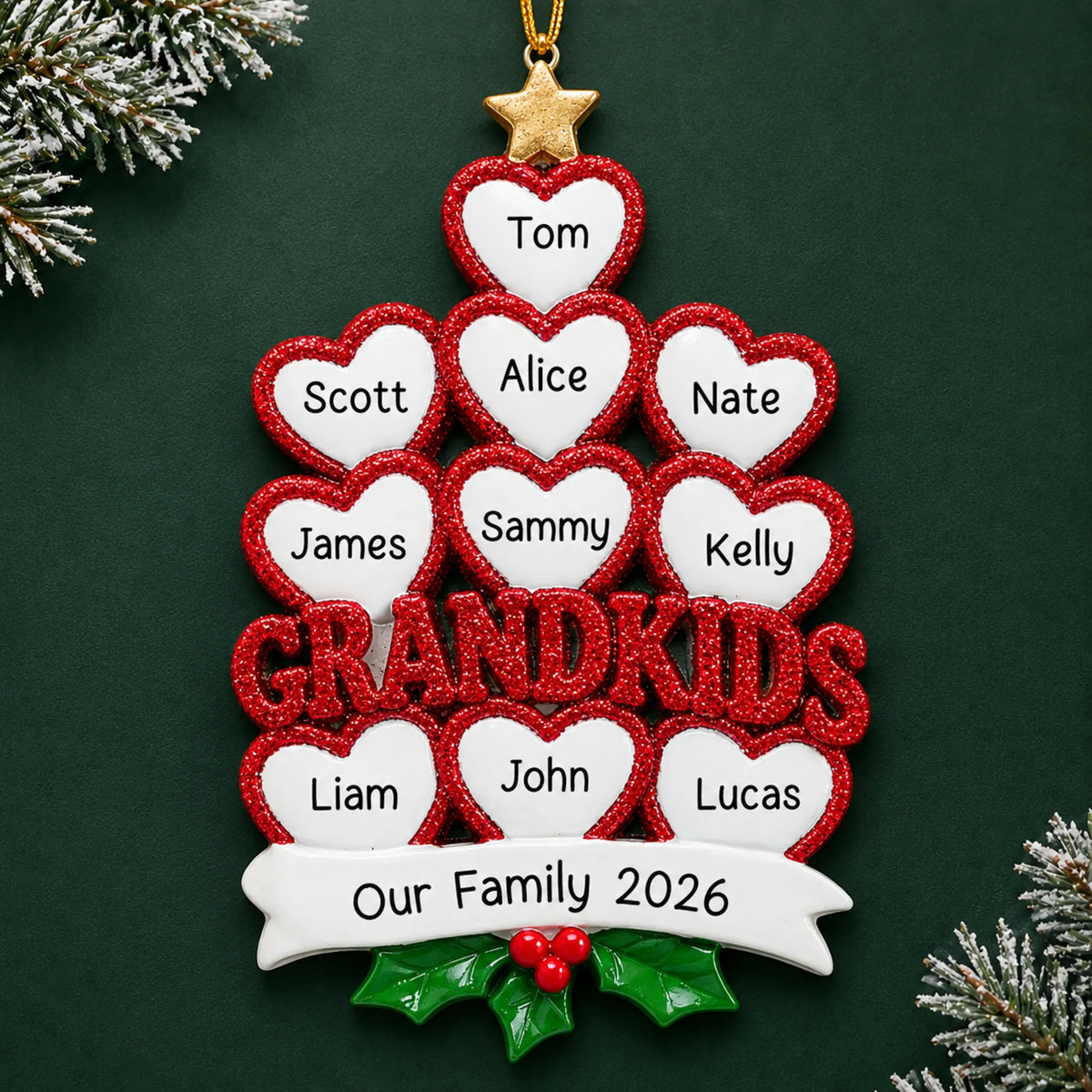 Personalized grandkids 10 hearts christmas ornament on a dark green pine background