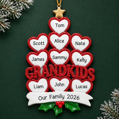 Personalized grandkids 10 hearts christmas ornament on a dark green pine background