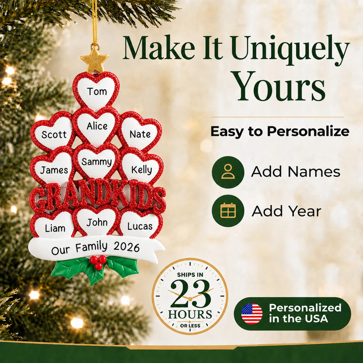 Make it yours: personalize the grandkids 10 hearts christmas ornament