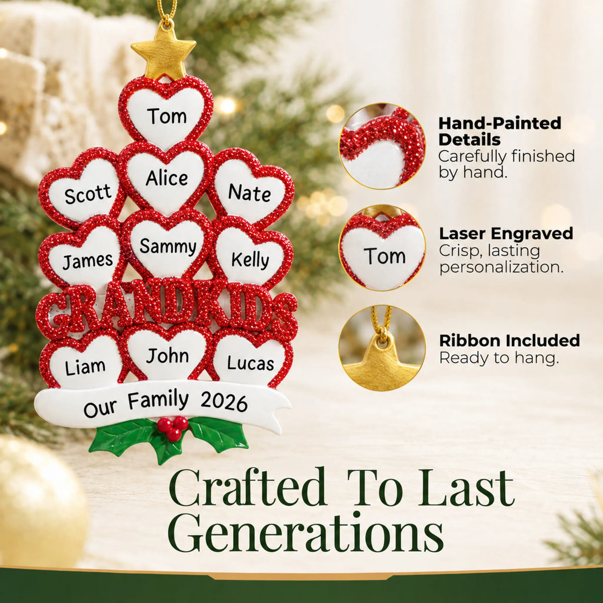 Hand-painted details and laser engraved personalization on the grandkids 10 hearts christmas ornament, ribbon included