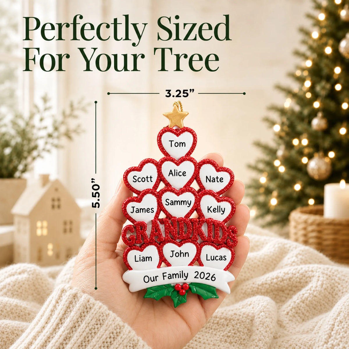 Size guide: the personalized grandkids 10 hearts christmas ornament is 3.25 in wide by 5.50 in tall, shown in hand
