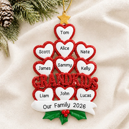 Personalized grandkids 10 hearts christmas ornament laid on a soft white knit blanket