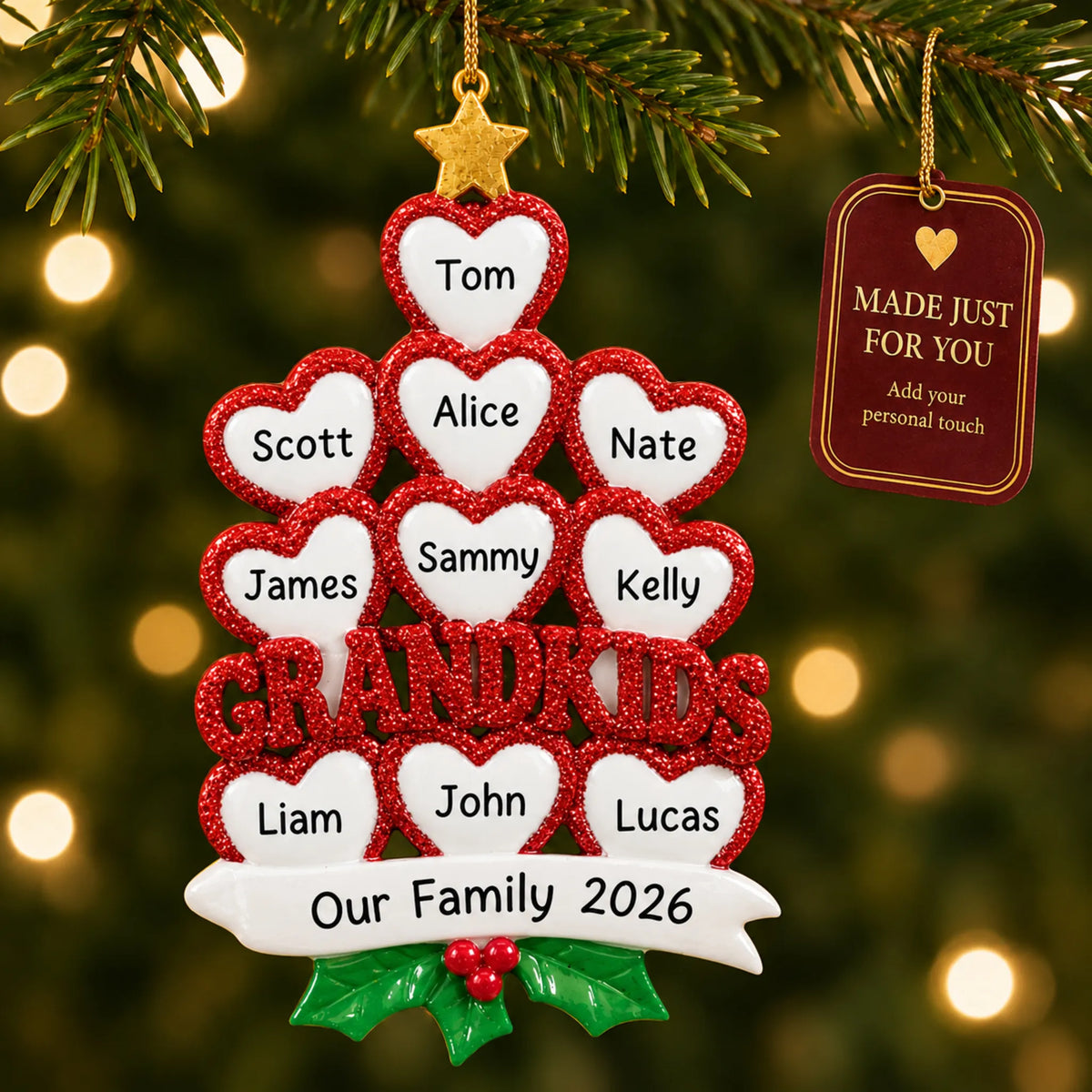 Grandkids 10 hearts christmas ornament hanging on a lit Christmas tree with a Made Just For You gift tag