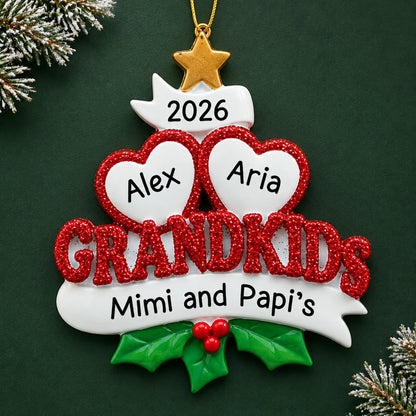 Personalized grandkids 2 hearts christmas ornament on a dark green pine background