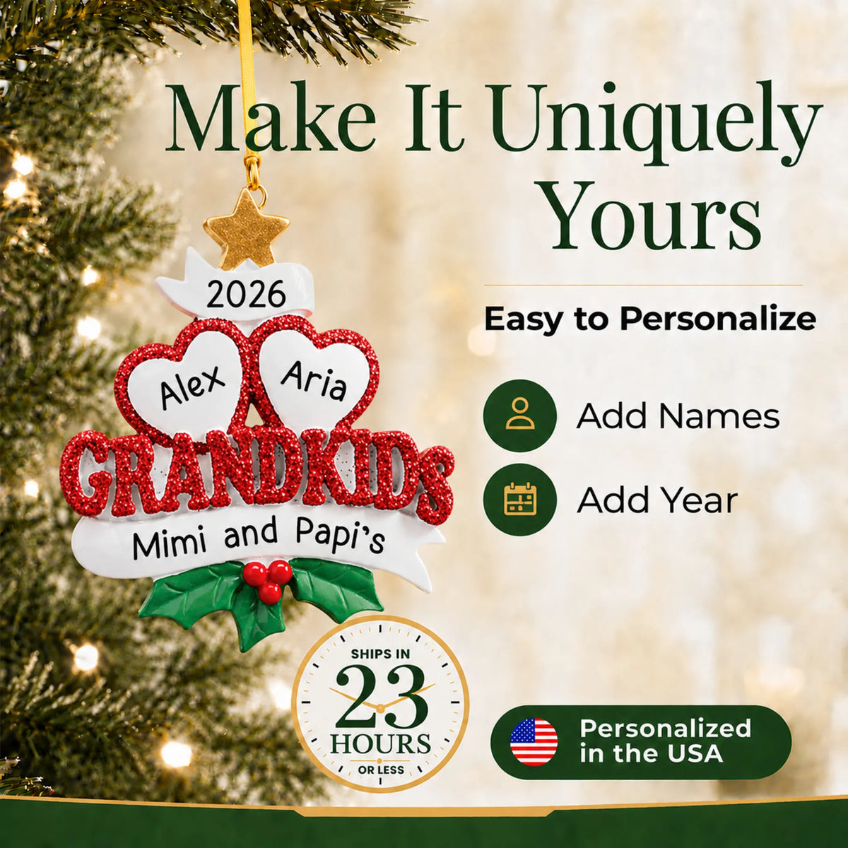 Make it yours: personalize the grandkids 2 hearts christmas ornament